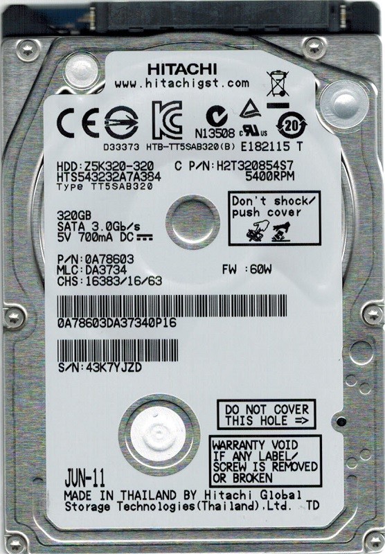 Hitachi HTS543232A7A384 P/N: 0A78603 MLC: DA3734 320GB
