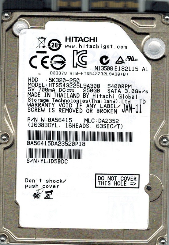 Hitachi HTS543225L9A300 P/N: 0A56415 250GB MLC: DA2352