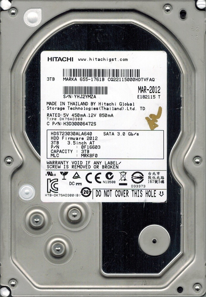 HDS723030ALA640 P/N: 0F16603 MLC: MRK8F0 MAC 655-1761B Hitachi 3TB