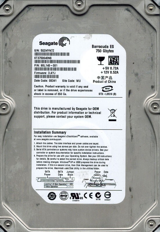 Seagate ST3750640NS P/N: 9BL148-081 F/W: 3.AYJ 750GB WU
