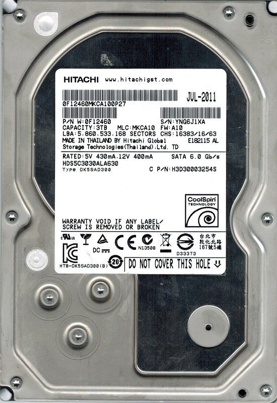 Hitachi HDS5C3030ALA630 P/N: 0F12460 MLC: MKCA10 3TB 