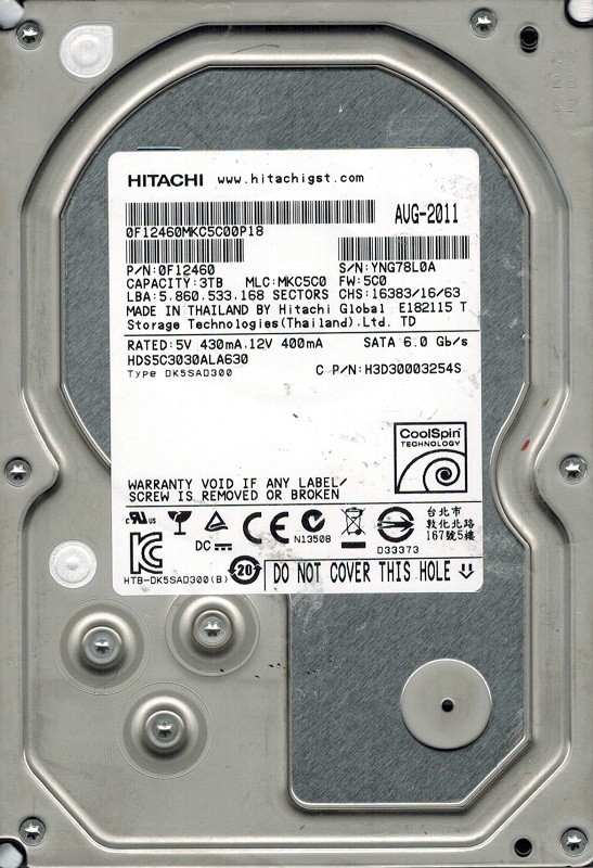 Hitachi HDS5C3030ALA630 P/N: 0F12460 MLC: MKC5C0 3TB 