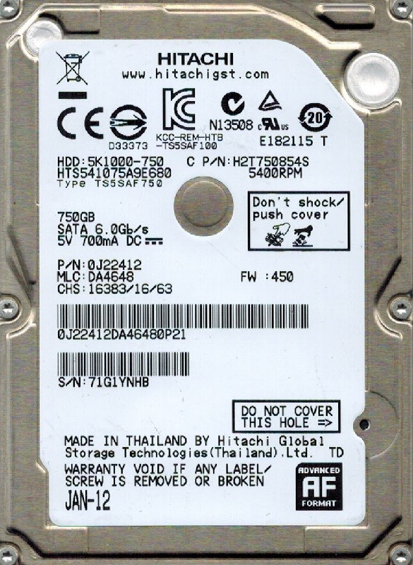Hitachi HTS541075A9E680 P/N: 0J22412 MLC: DA4648 750GB