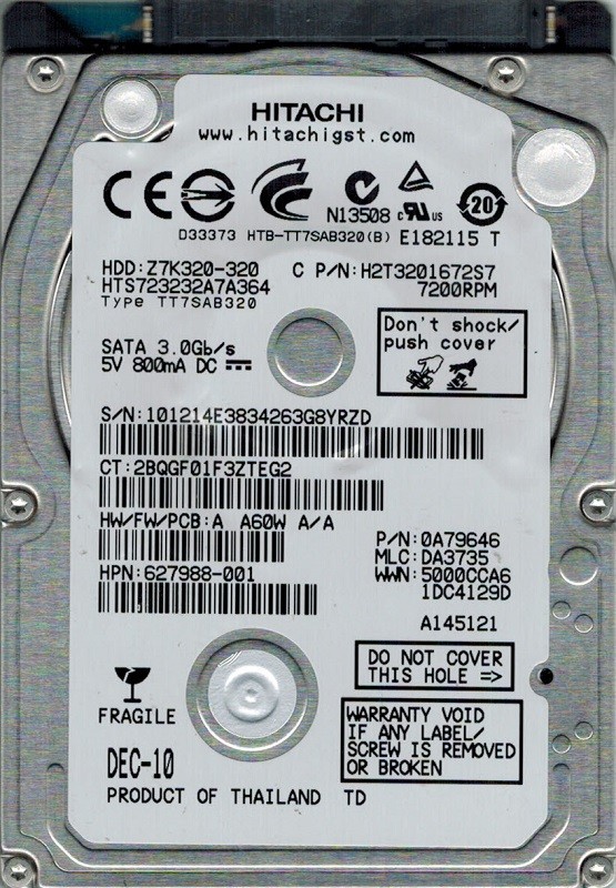 Hitachi HTS723232A7A364 P/N: 0A79646 MLC: DA3735 320GB