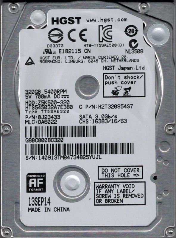 Hitachi HTS545032A7E380 P/N: 0J23433 MLC: DA6022 320GB 