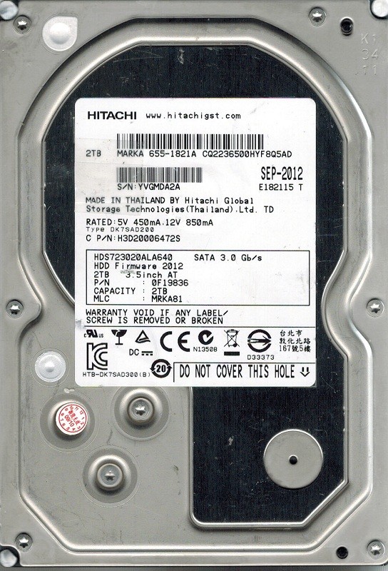Hitachi HDS723020ALA640 P/N: 0F19836 MLC: MRKA81 2TB