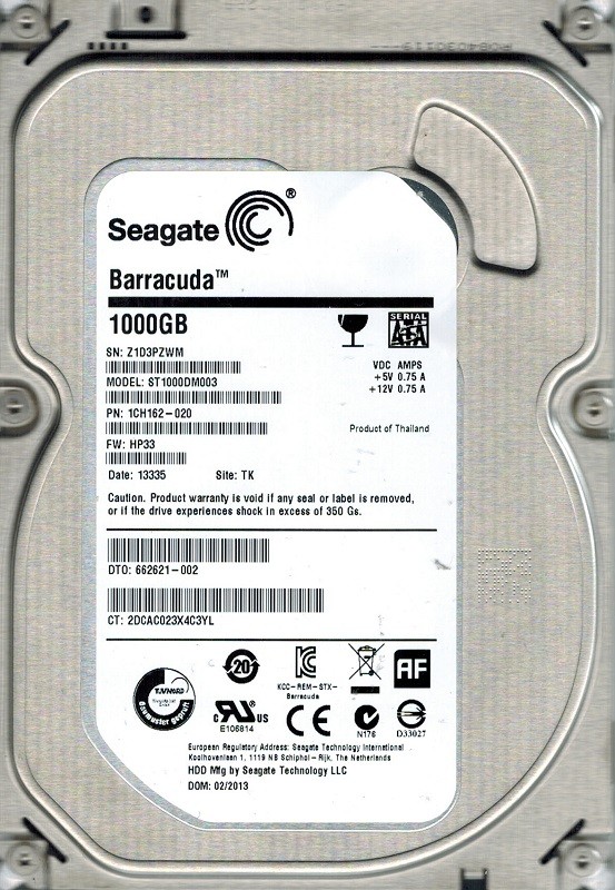 Seagate ST1000DM003 P/N: 1CH162-020 F/W: HP33 1TB TK