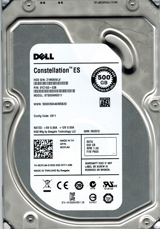 Seagate ST500NM0011 500GB P/N: 9YZ162-036 F/W: PA03 Constellation