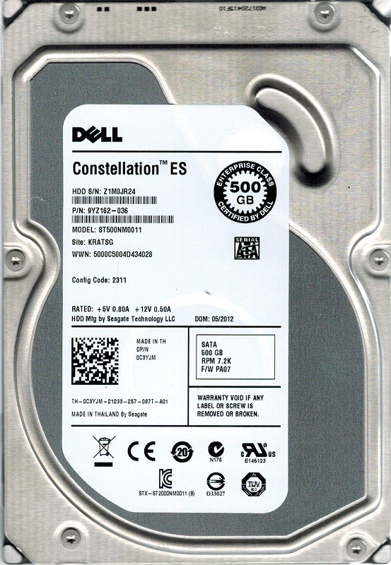 Seagate ST500NM0011 500GB P/N: 9YZ162-036 F/W: PA07 KRATSG Constellation