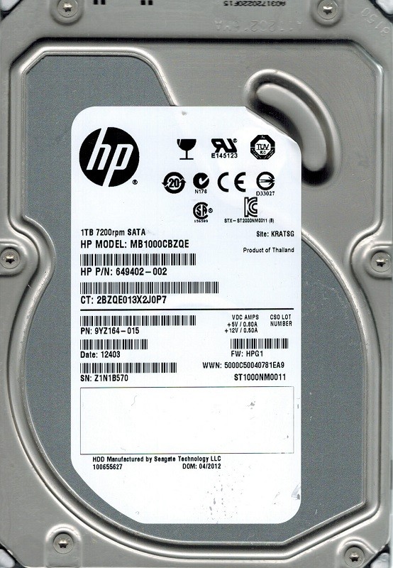 Seagate ST1000NM0011 F/W: HPG1 P/N: PYZ164-015 1TB KRATSG HP