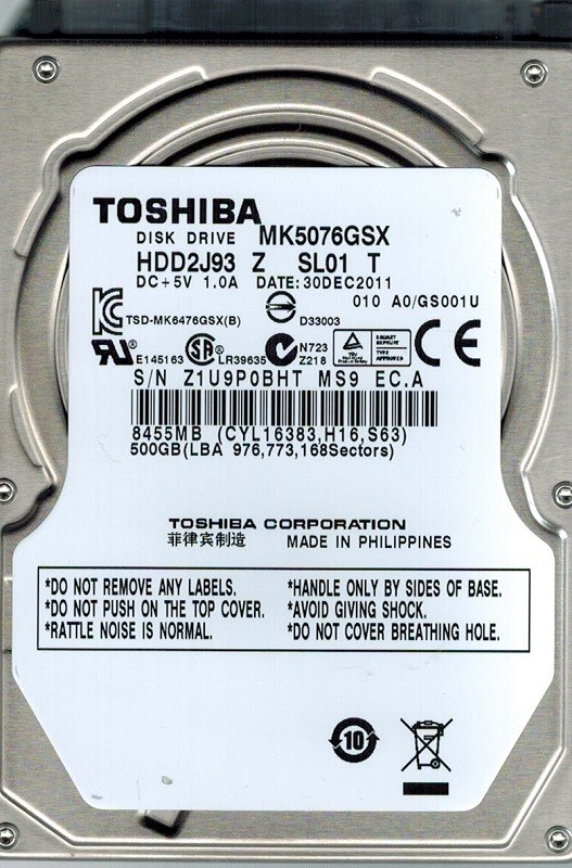 Toshiba MK5076GSX HDD2J93 Z SL01 T 500GB PHILIPPINES