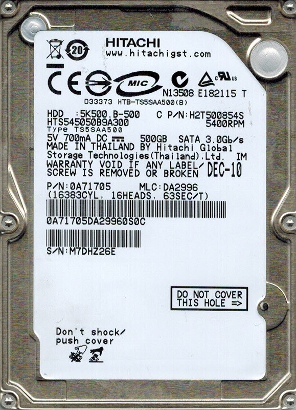 Hitachi HTS545050B9A300 P/N: 0A71705 MLC: DA2996 500GB 