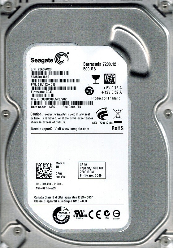 Seagate ST3500418AS P/N: 9SL142-519 F/W: CC49 TK 500GB