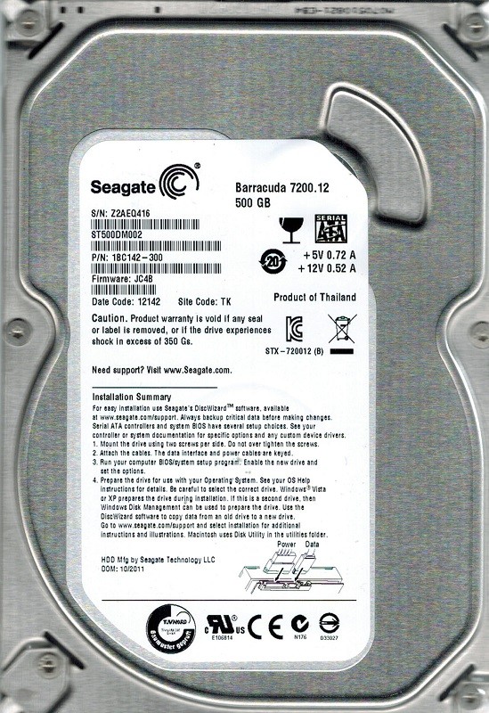 Seagate ST500DM002 P/N: 1BC142-300 F/W: JC4B TK 500GB
