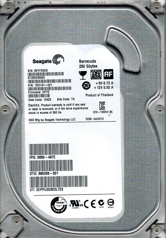 Seagate ST250DM000 P/N: 1BD141-021 F/W: HP73 TK 250GB