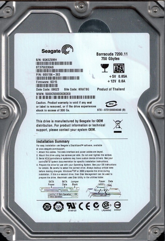 Seagate ST3750330AS P/N: 9BX156-303 F/W: SD15 750GB KRATSG
