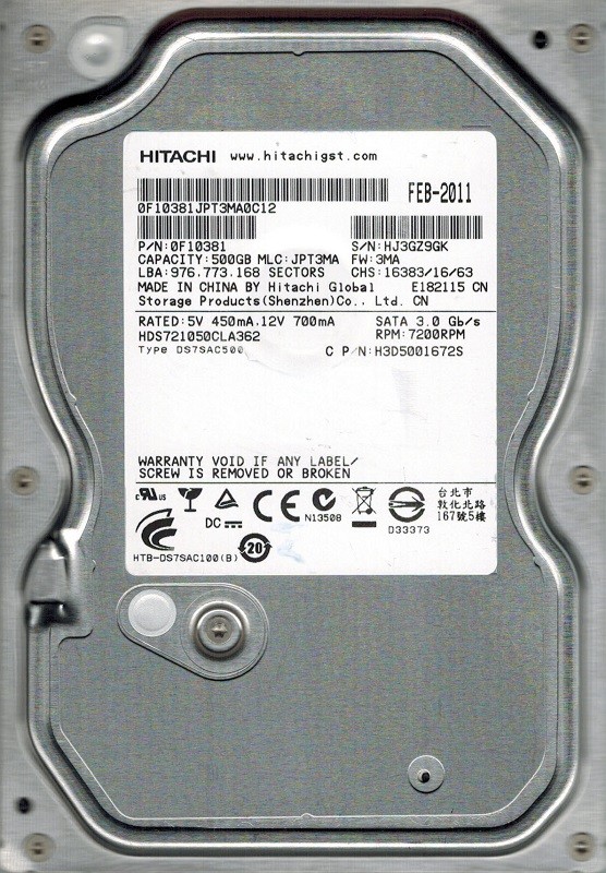 Hitachi HDS721050CLA362 P/N: 0F10381 MLC: JPT3MA 500GB