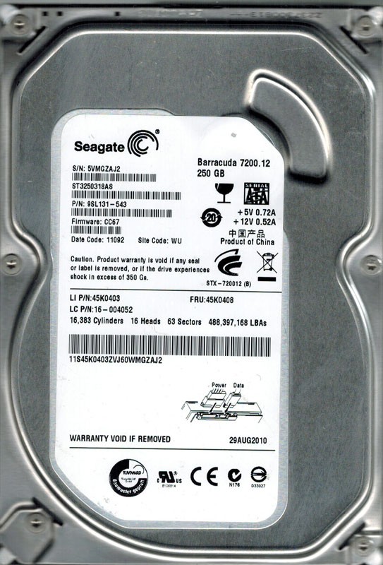 Seagate ST3250318AS P/N: 9SL131-543 F/W: CC67 WU 250GB