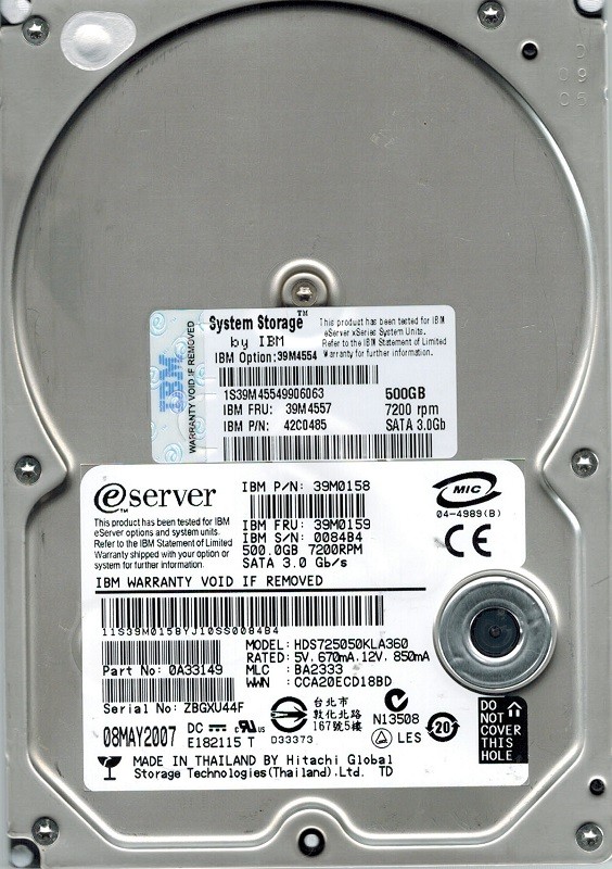 Hitachi HDS725050KLA360 P/N: 0A33149 MLC: BA2333 500GB IBM