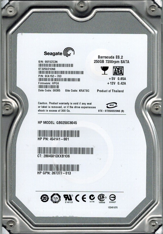 Seagate ST3250310NS P/N: 9CA152-783 F/W: HPG6 KRATSG 250GB