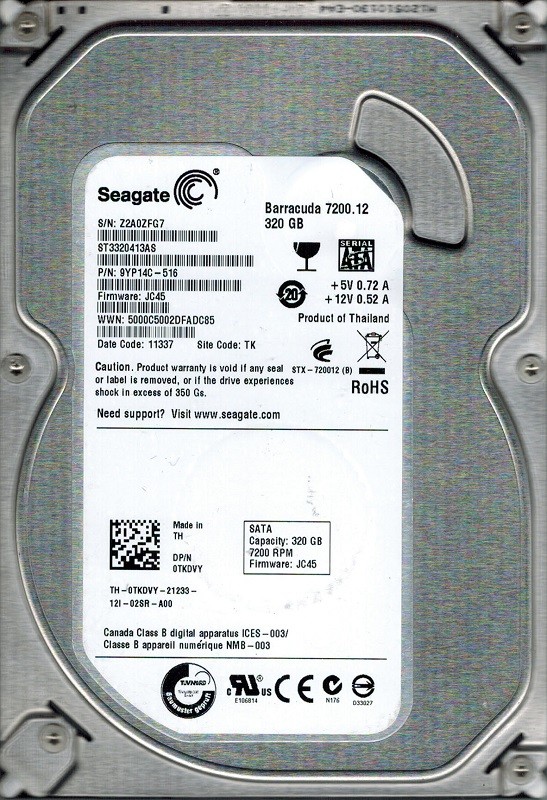 Seagate ST3320413AS P/N: 9YP14C-516 F/W: JC45 320GB TK