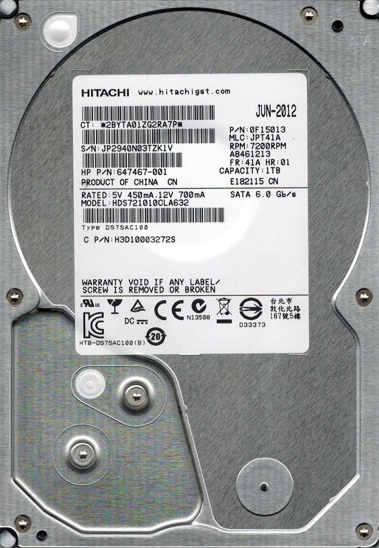 Hitachi HDS721010CLA632 P/N: 0F15013 MLC: JPT41A 1TB