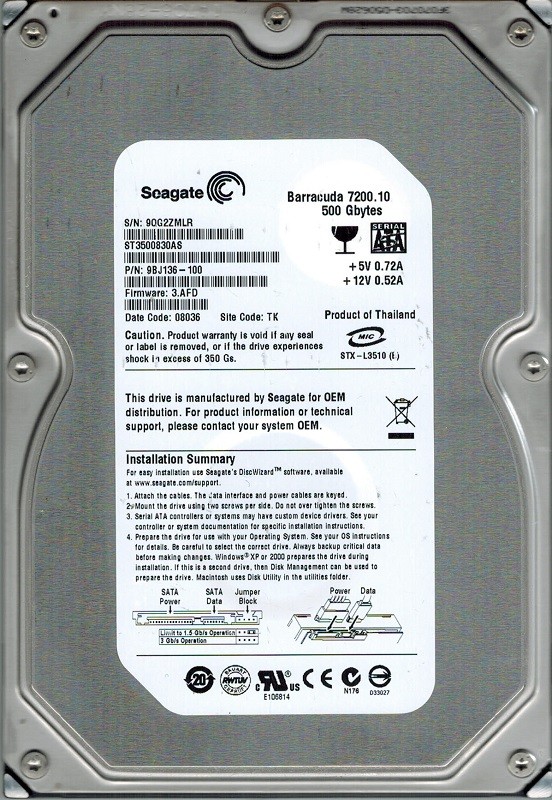 Seagate ST3500830AS P/N: 9BJ136-100 F/W: 3.AFD 500GB TK