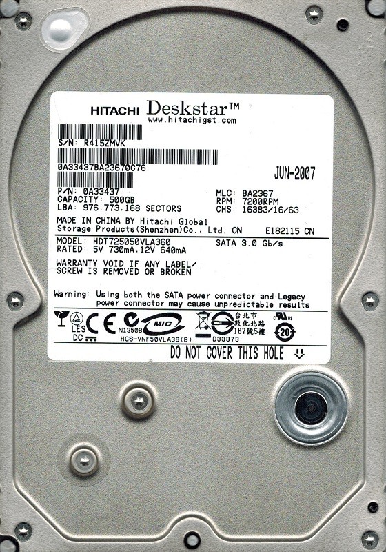 Hitachi HDT725050VLA360 500GB P/N: 0A33437 MLC: BA2367 500GB
