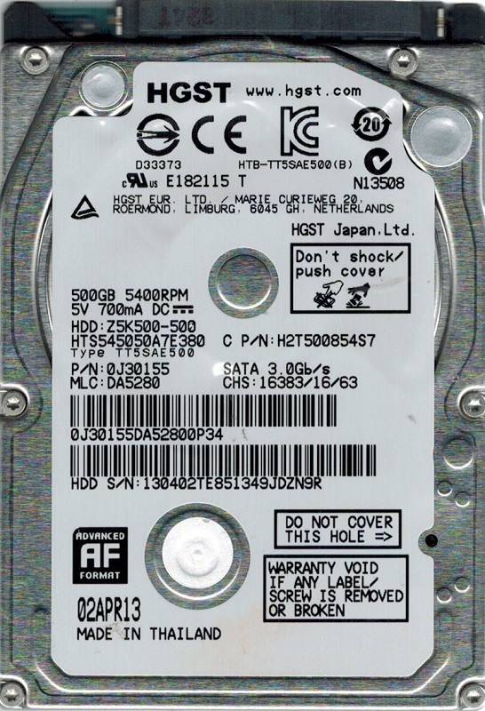 Hitachi HTS545050A7E380 P/N: 0J30155 MLC: DA5280 500GB