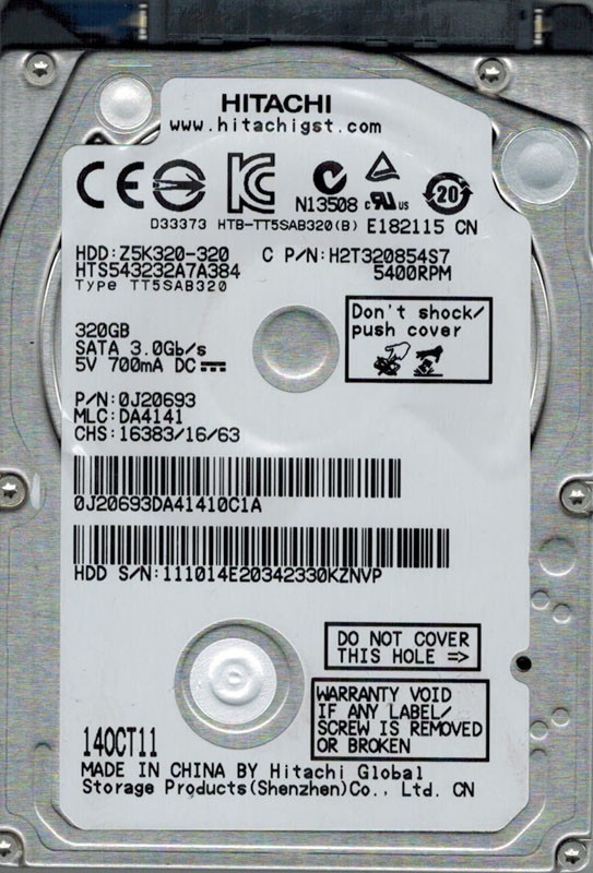 Hitachi HTS543232A7A384 P/N: 0J20693 MLC: DA4141 320GB