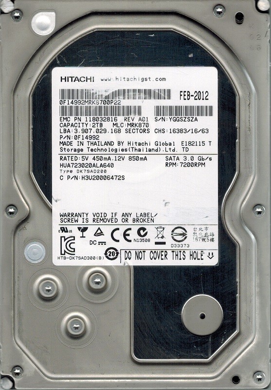 Hitachi HUA723020ALA640 P/N: 0F14992 MLC: MRK870 2TB
