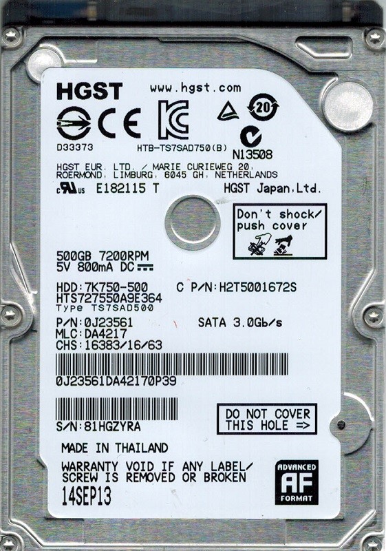 HGST HTS727550A9E364 MLC: DA4217 P/N: 0J23561 500GB 