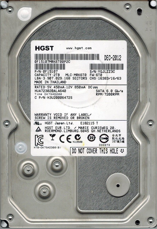 HGST HUA723020ALA640 P/N: 0F15107 MLC: MRK6T0 2TB 